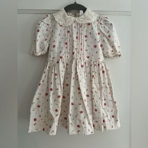 Vintage, Handmade Floral Kids Dress with Lace Collar, 100% Cotton, 3T